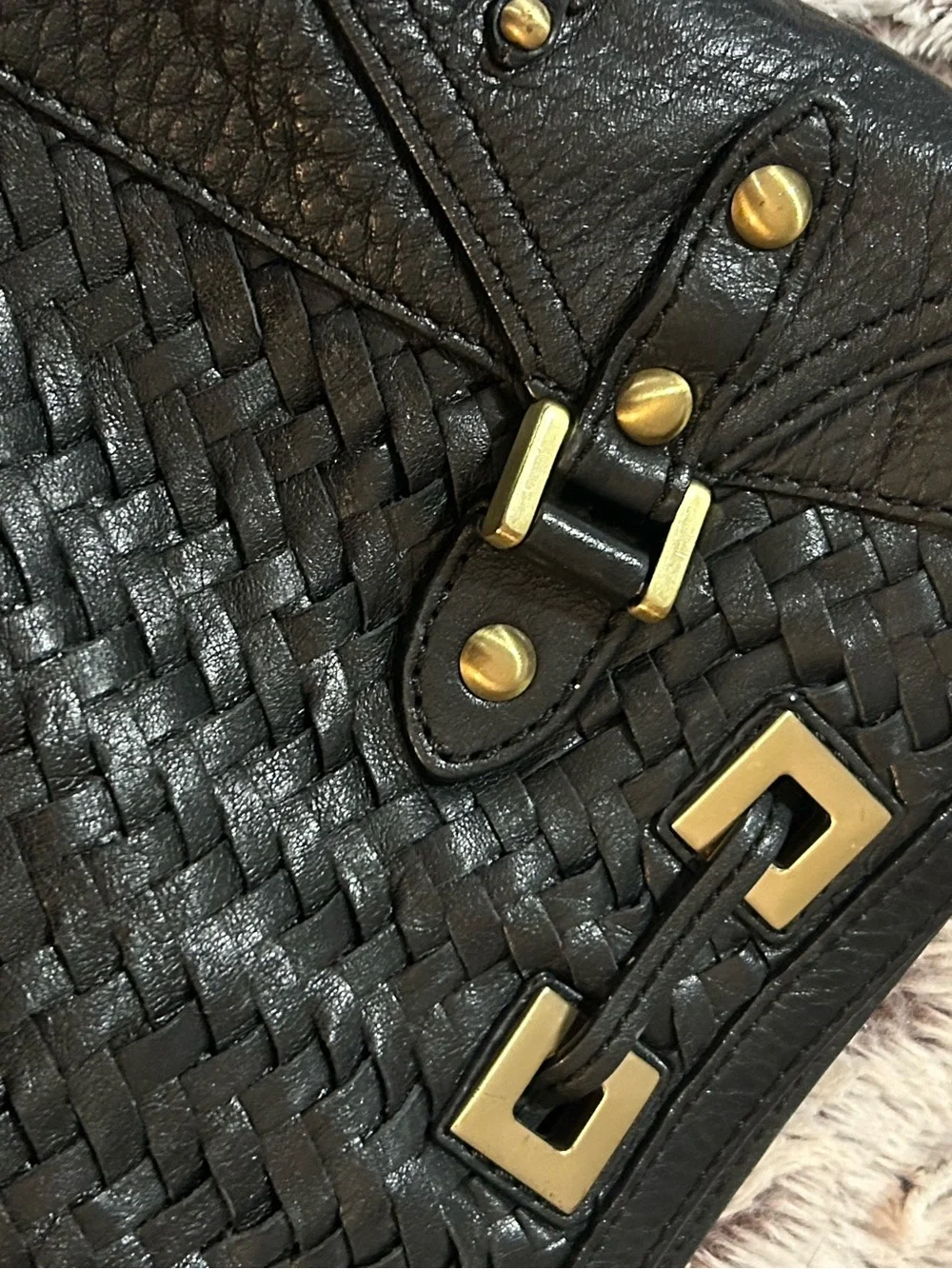 Cole Haan Black Woven Leather Large Hobo with Gold Accents